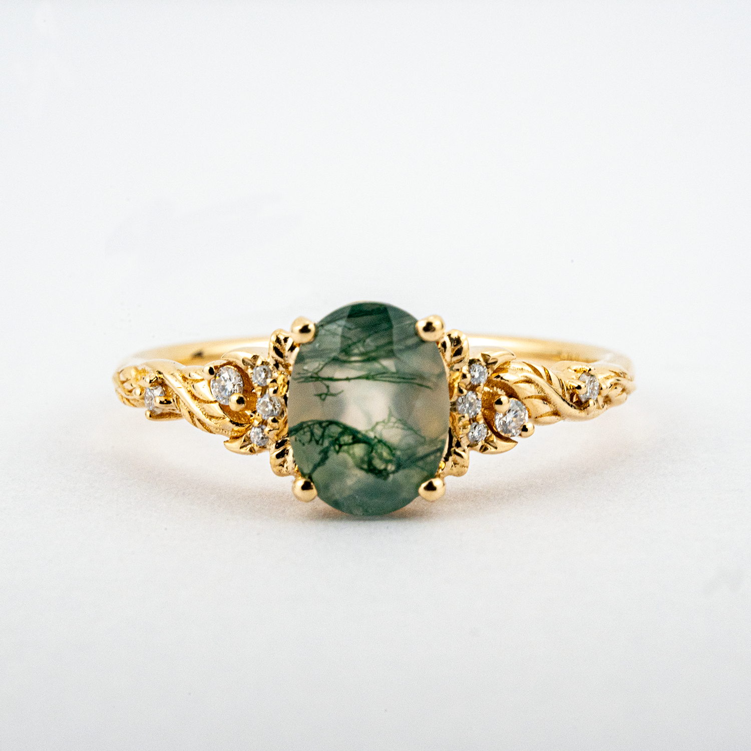 Oval Moss Agate Ring with Nature Inspired Leaf Design in Yellow Gold - Handcrafted Artisan Jewelry