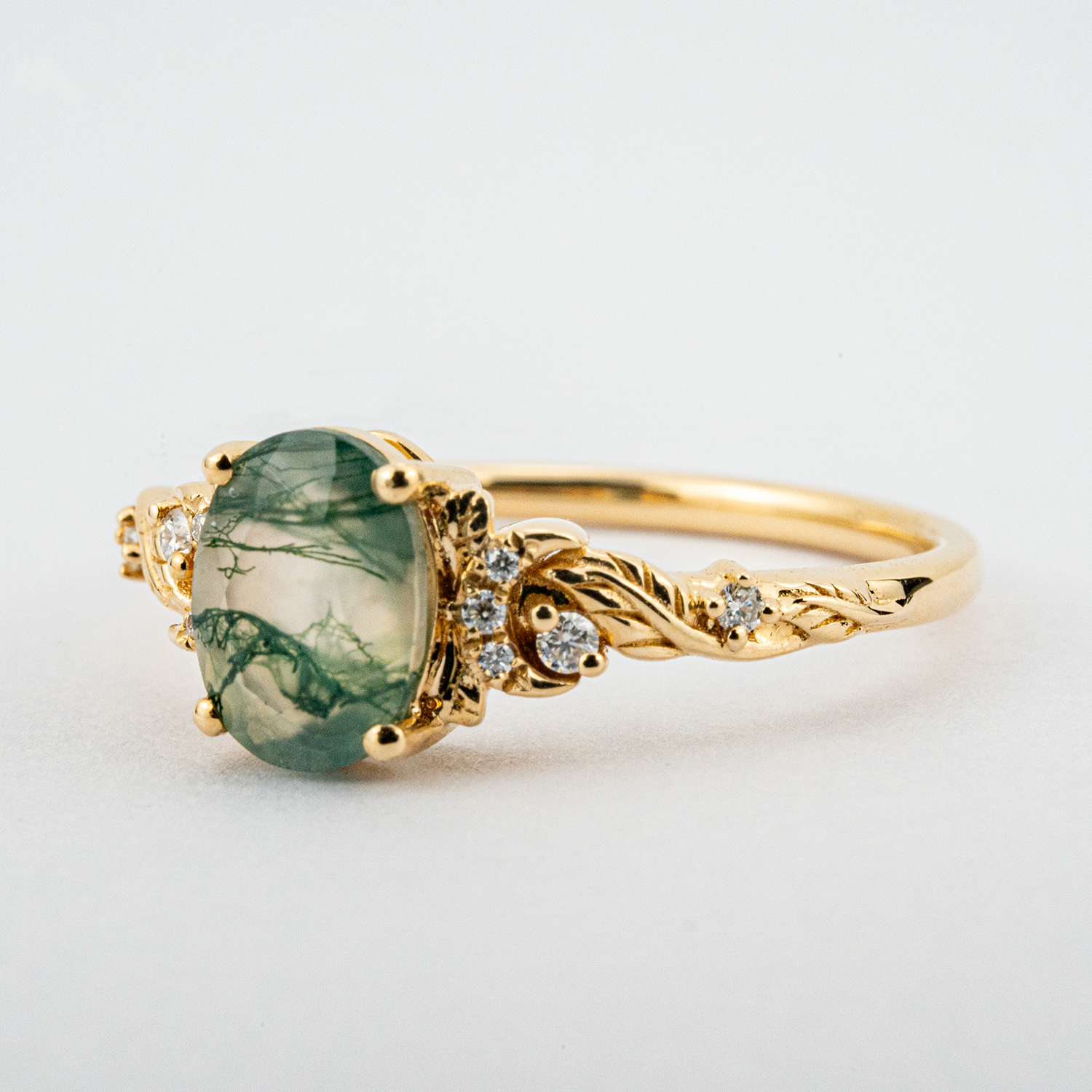 Oval Moss Agate Ring with Nature Inspired Leaf Design in Yellow Gold - Handcrafted Artisan Jewelry