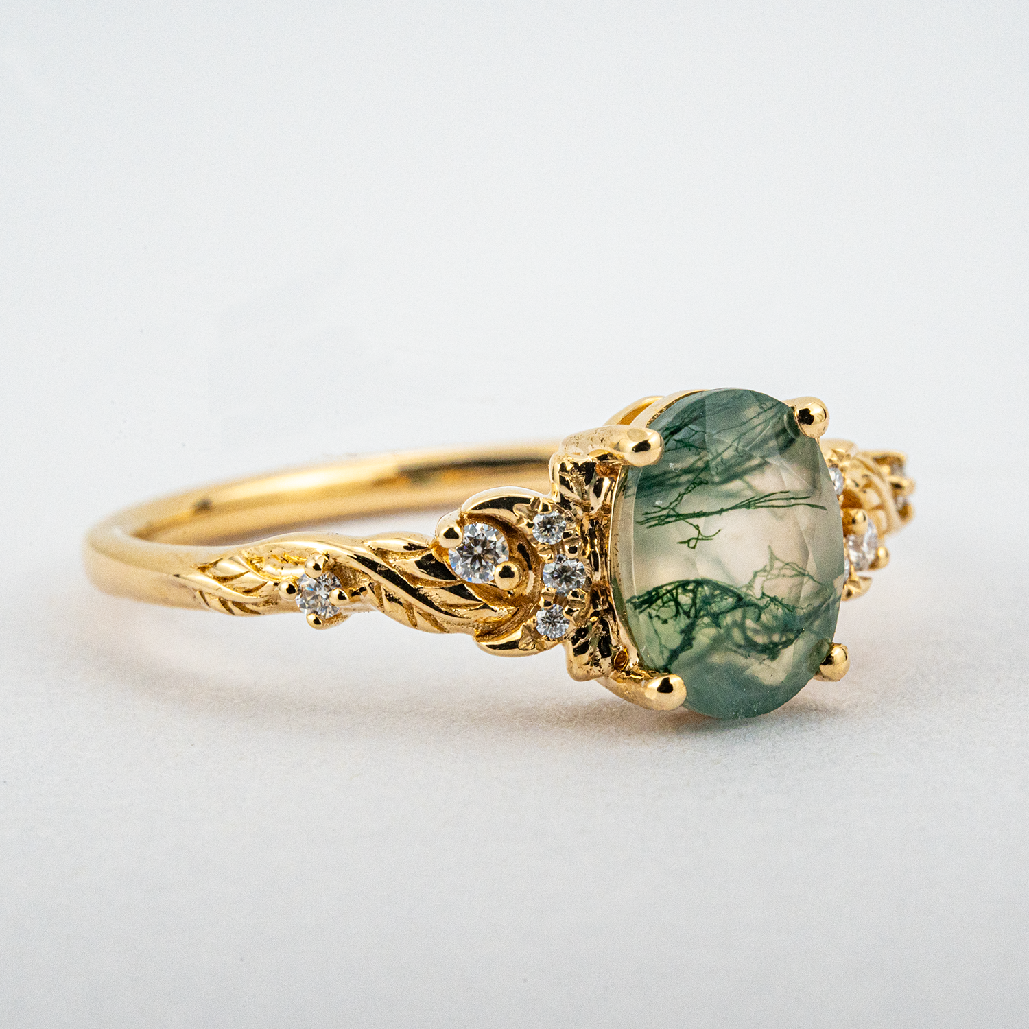 Oval Moss Agate Ring with Nature Inspired Leaf Design in Yellow Gold - Handcrafted Artisan Jewelry