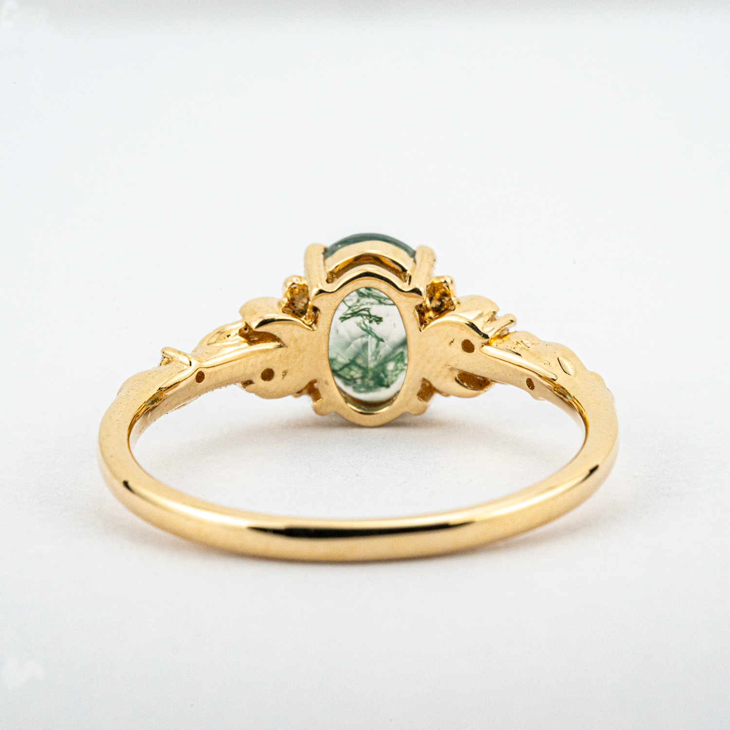 Oval Moss Agate Ring with Nature Inspired Leaf Design in Yellow Gold - Handcrafted Artisan Jewelry