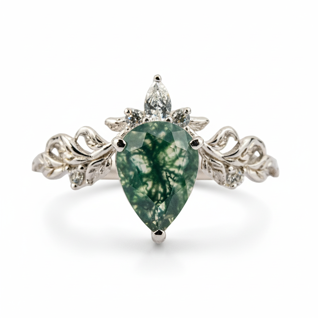 Beautiful Pear Moss Agate White Gold Ring with Moissanite for Engagement