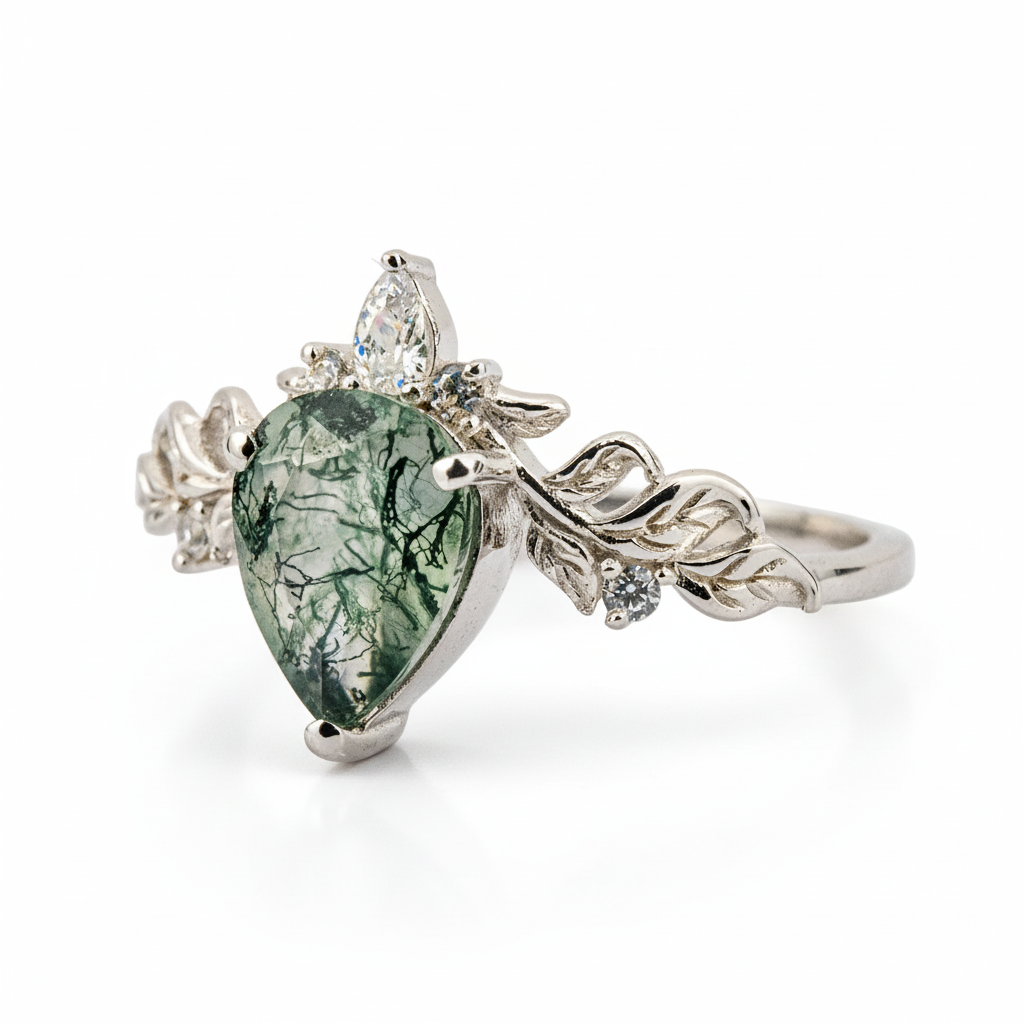 Lifestyle view of Pear Moss Agate Ring in White Gold
