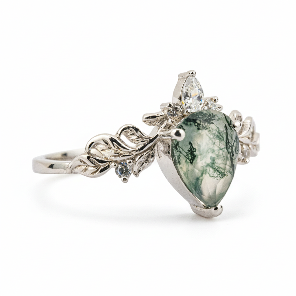 Product view of Pear Moss Agate Ring in White Gold