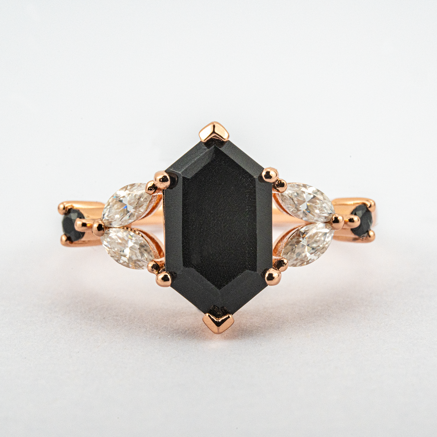 Long Hexagon Onyx Ring for Engagement with Moissanite