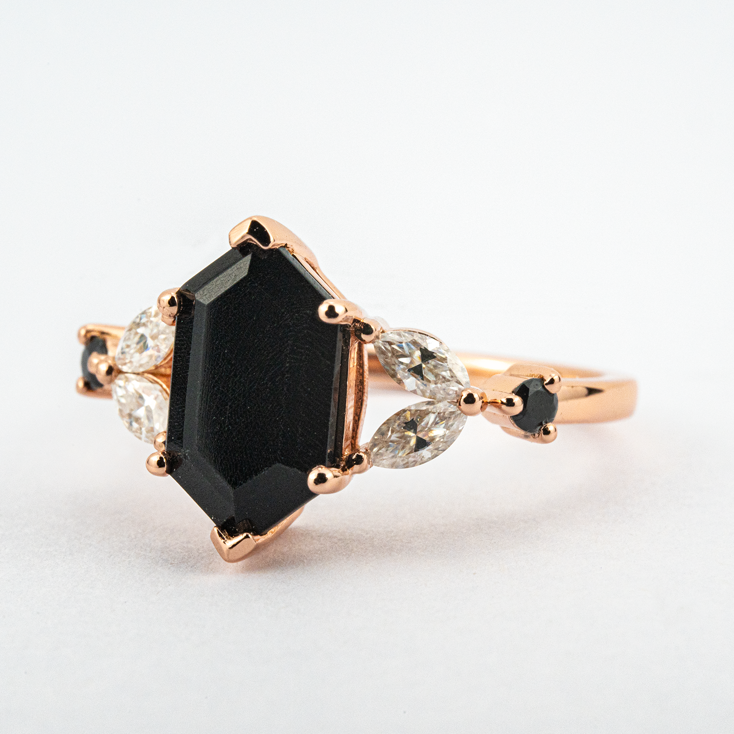 Long Hexagon Onyx Ring for Engagement with Moissanite