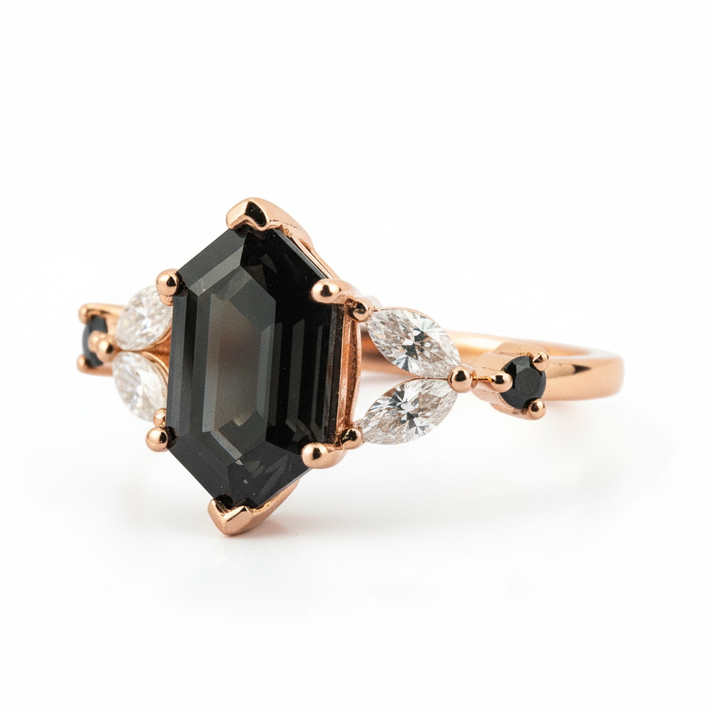 Product view of Long Hexagon Black Onyx Engagement Ring in Gold