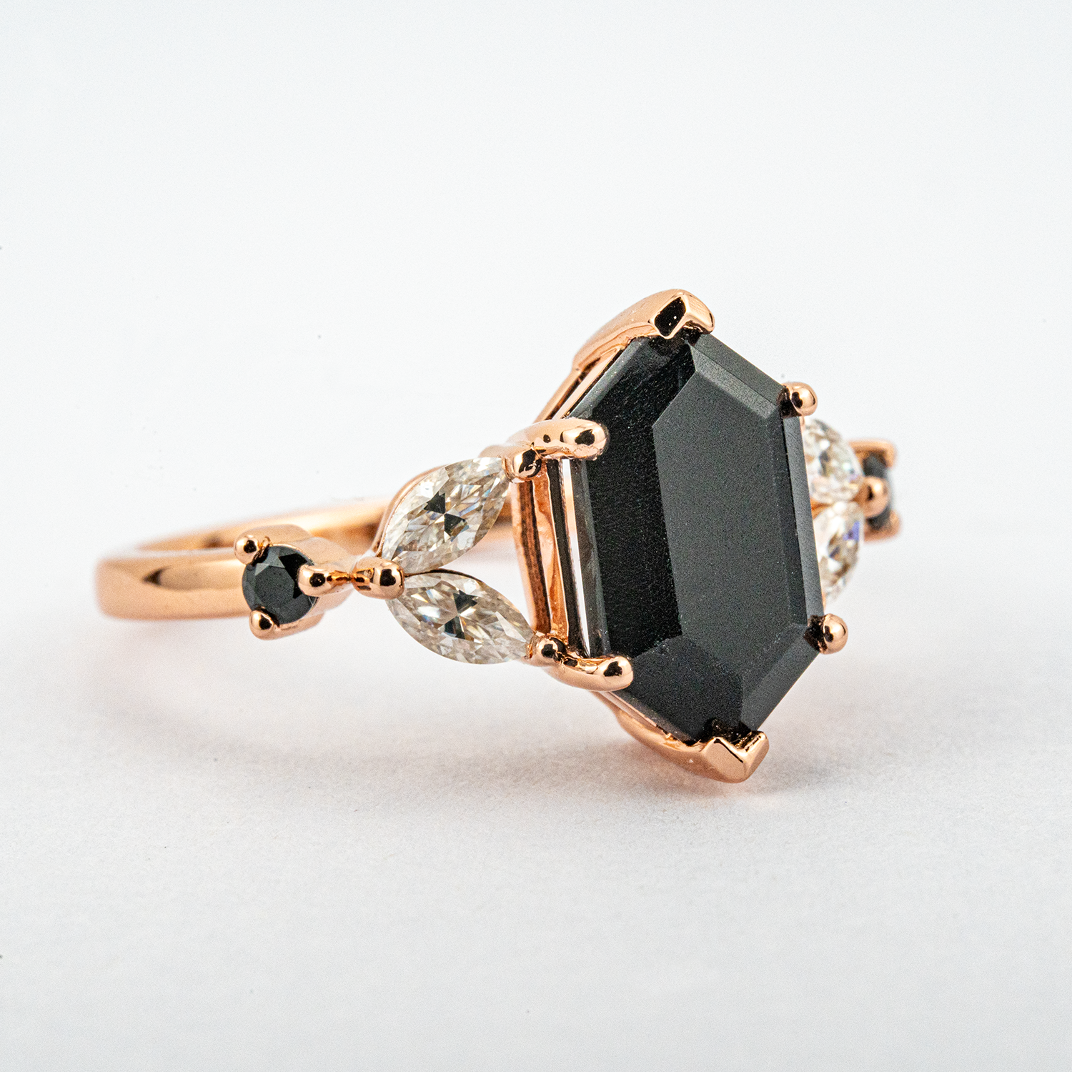 Long Hexagon Onyx Ring for Engagement with Moissanite