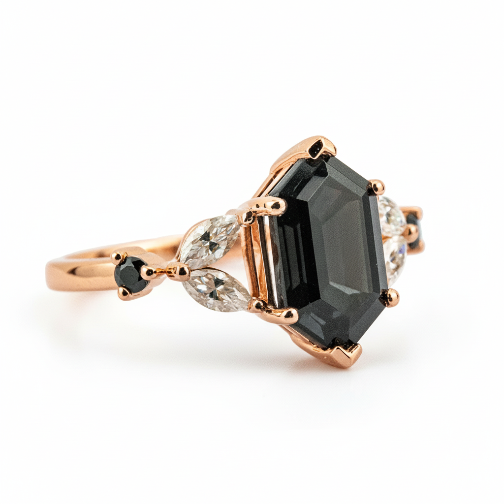 Product view of Long Hexagon Black Onyx Engagement Ring in Gold
