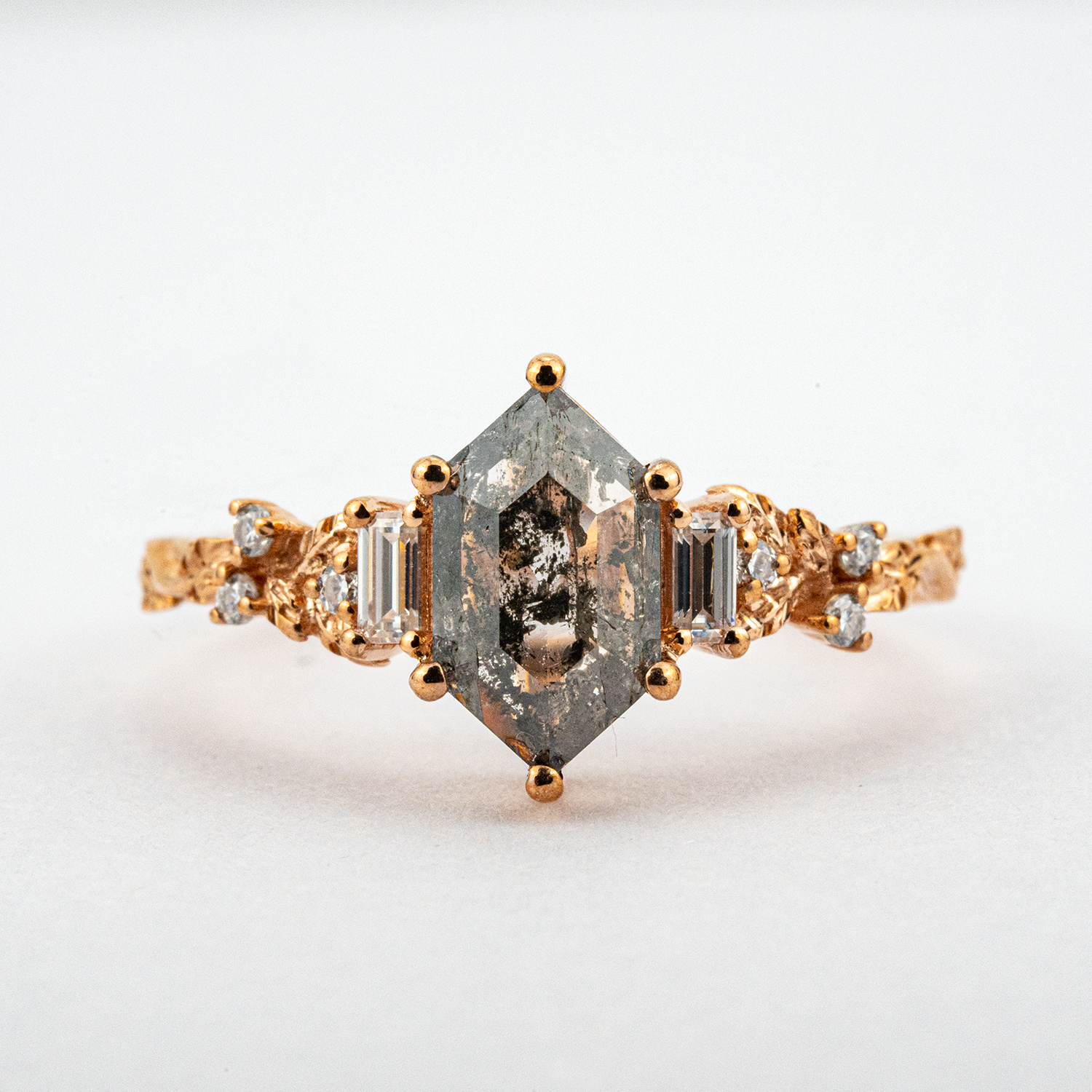 Luxurious Long Hexagon Salt & Pepper Diamond Engagement Ring - Enhance your unique style with this exquisite piece!