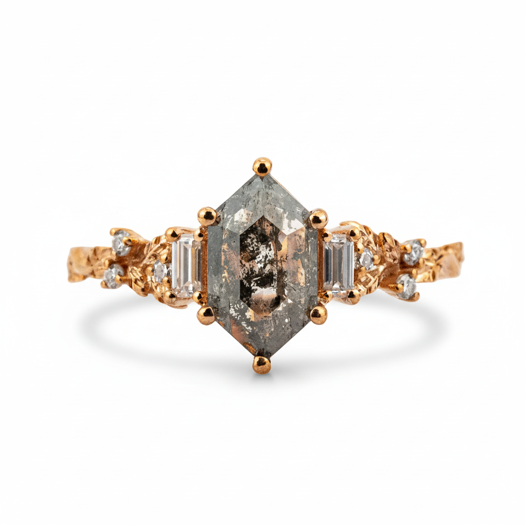 Luxurious Long Hexagon Salt & Pepper Diamond Engagement Ring - Enhance your unique style with this exquisite piece!