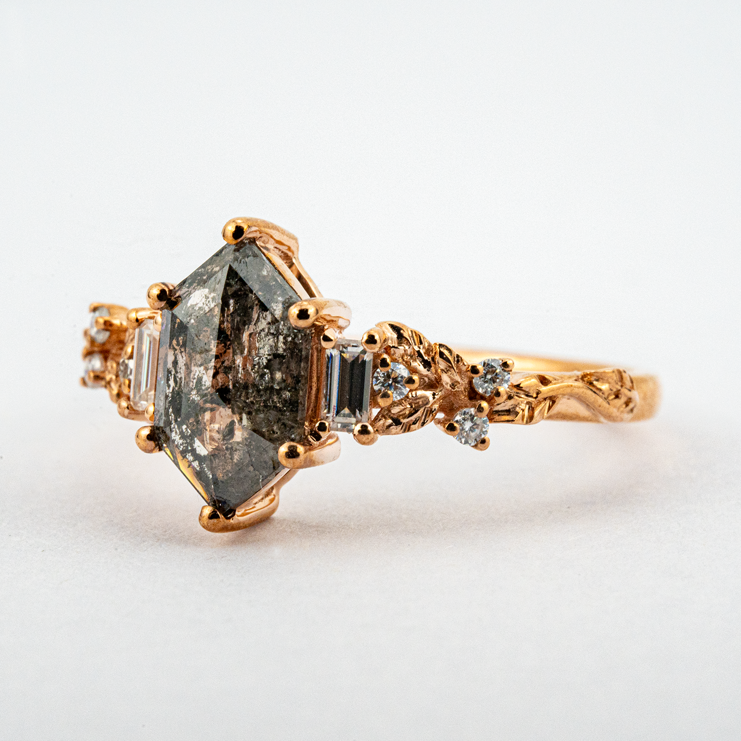 Luxurious Long Hexagon Salt & Pepper Diamond Engagement Ring - Enhance your unique style with this exquisite piece!