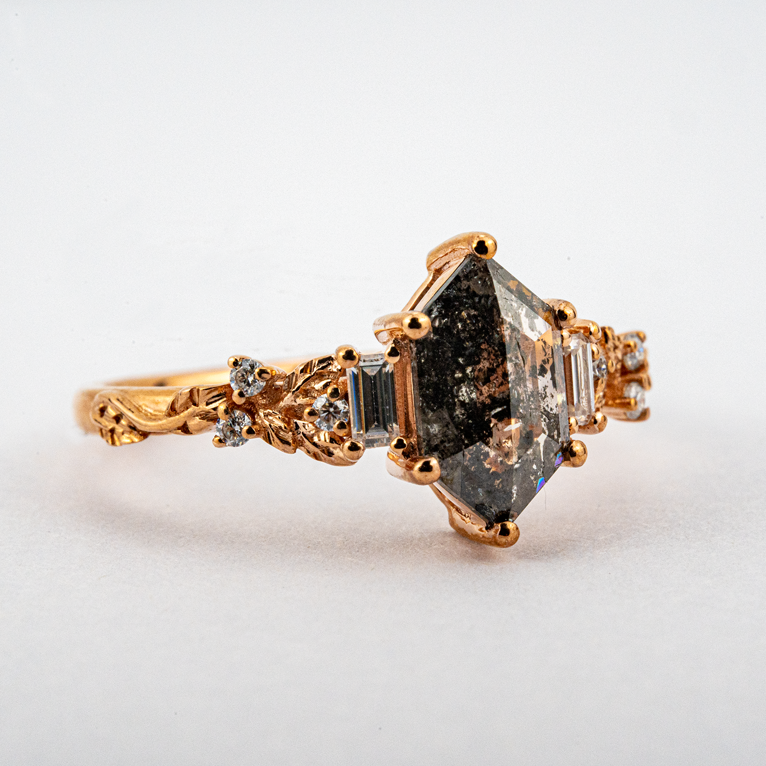 Luxurious Long Hexagon Salt & Pepper Diamond Engagement Ring - Enhance your unique style with this exquisite piece!