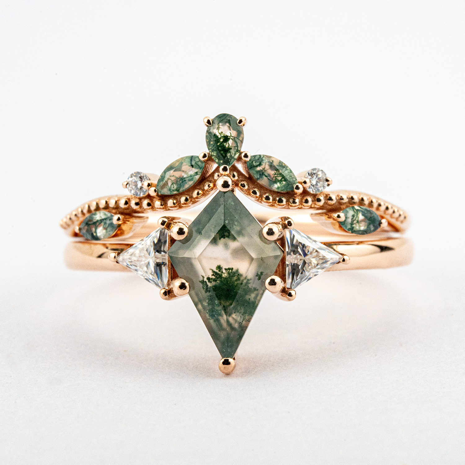 Kite Cut Moss Agate Engagement Ring Set Nature Inspired Design.
