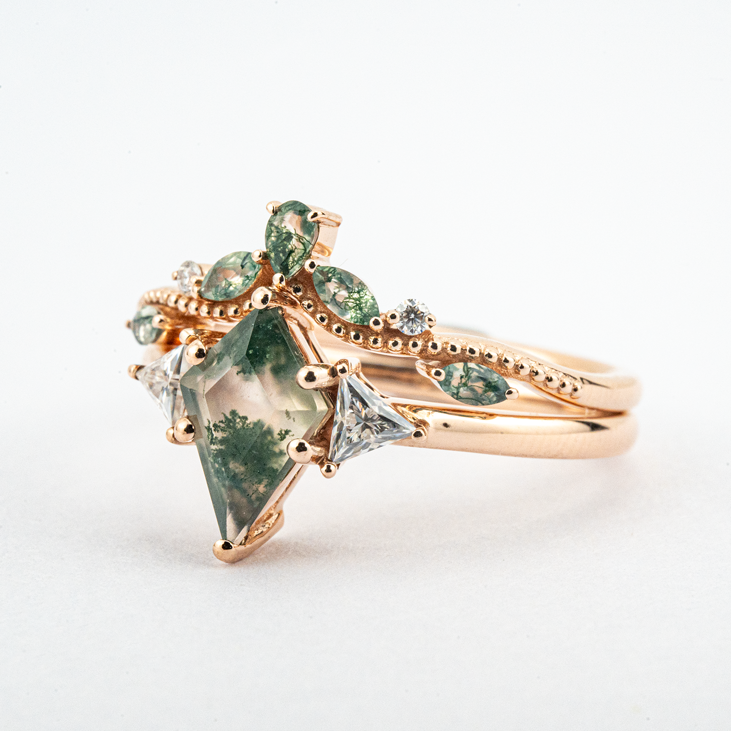 Kite Cut Moss Agate Engagement Ring Set Nature Inspired Design.