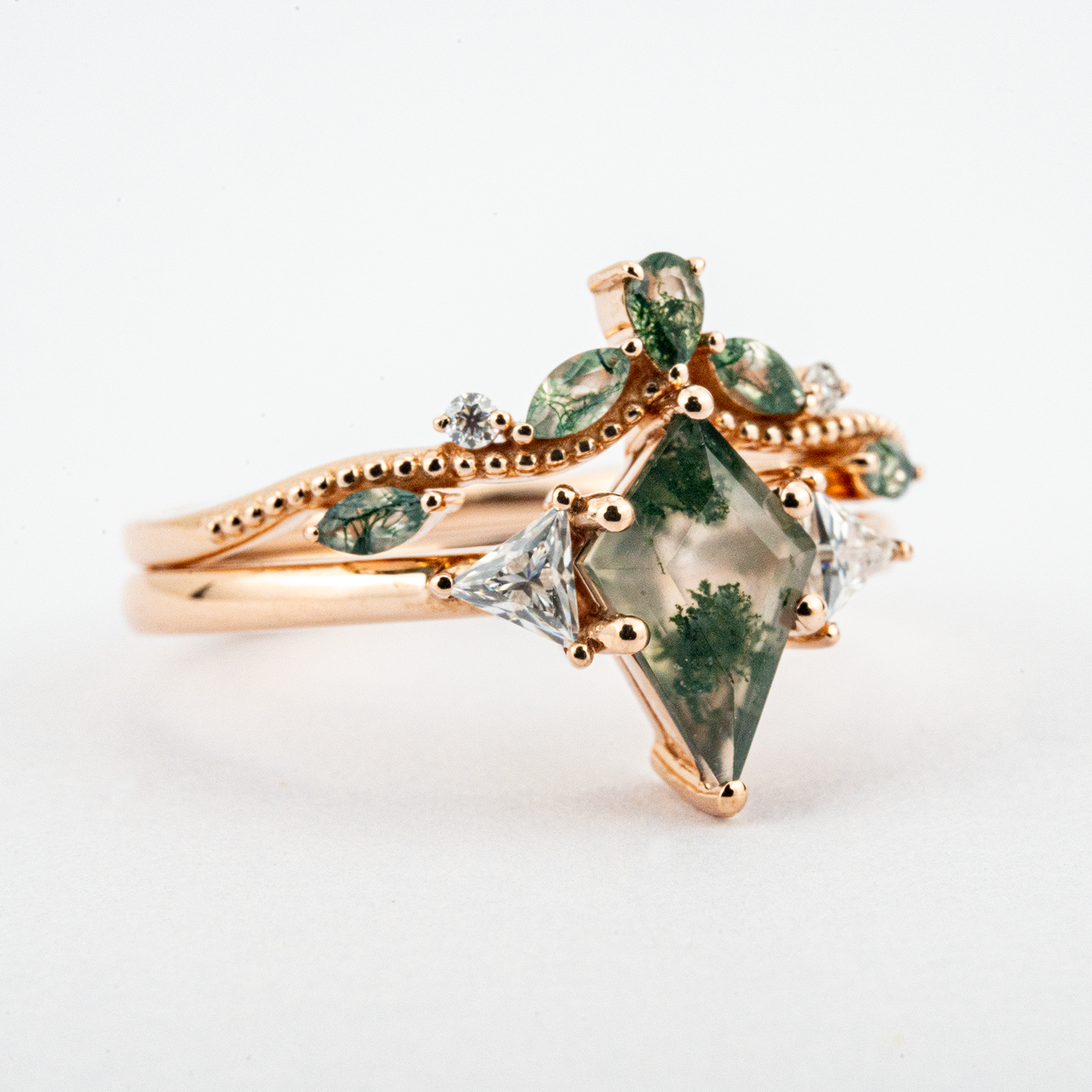 Kite Cut Moss Agate Engagement Ring Set Nature Inspired Design.