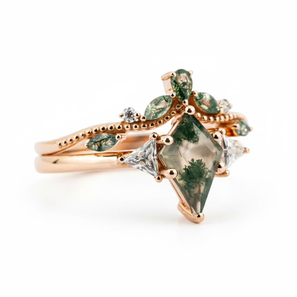 Product view of Kite Cut Moss Agate Ring Set in Gold