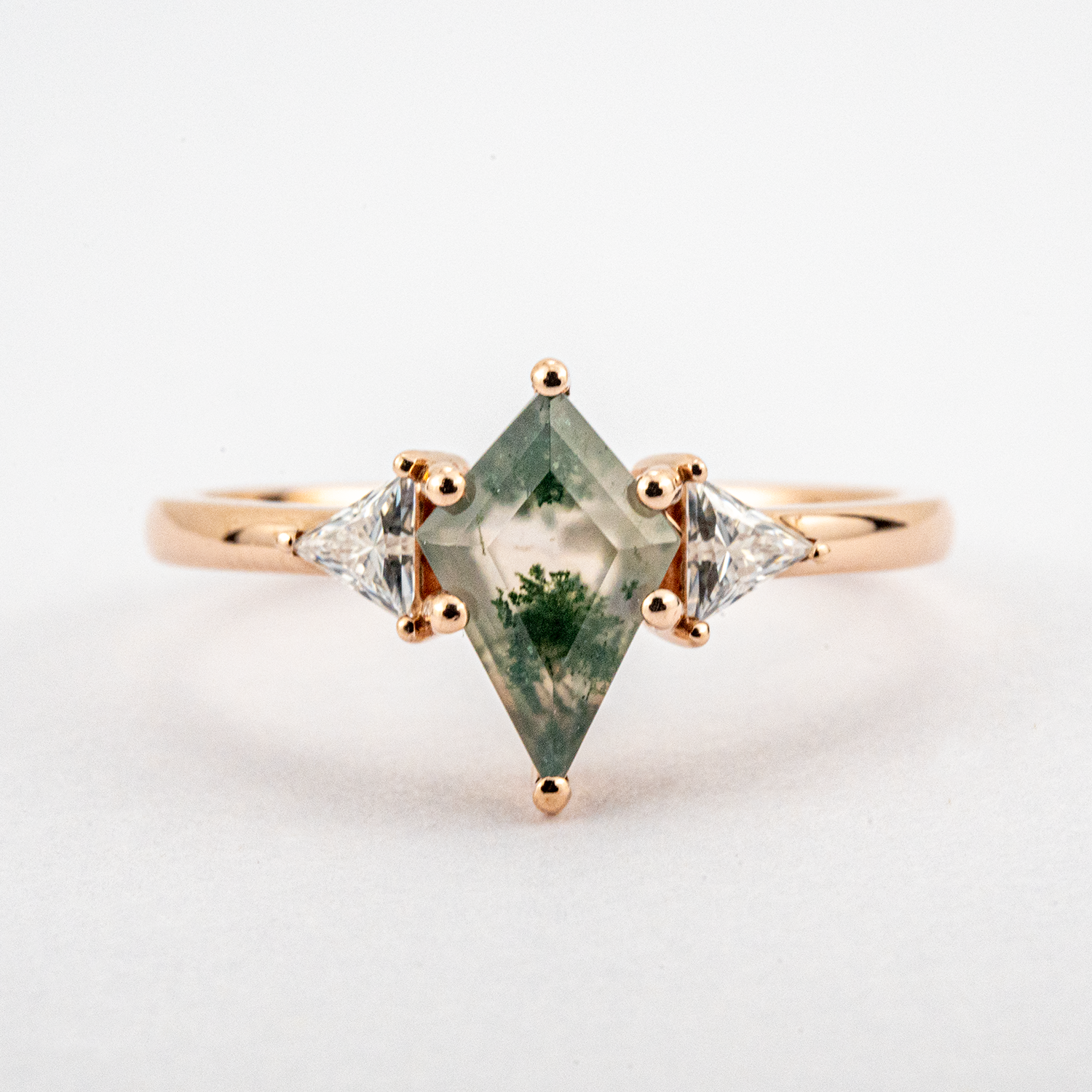 Kite Cut Moss Agate Engagement Ring Set Nature Inspired Design.