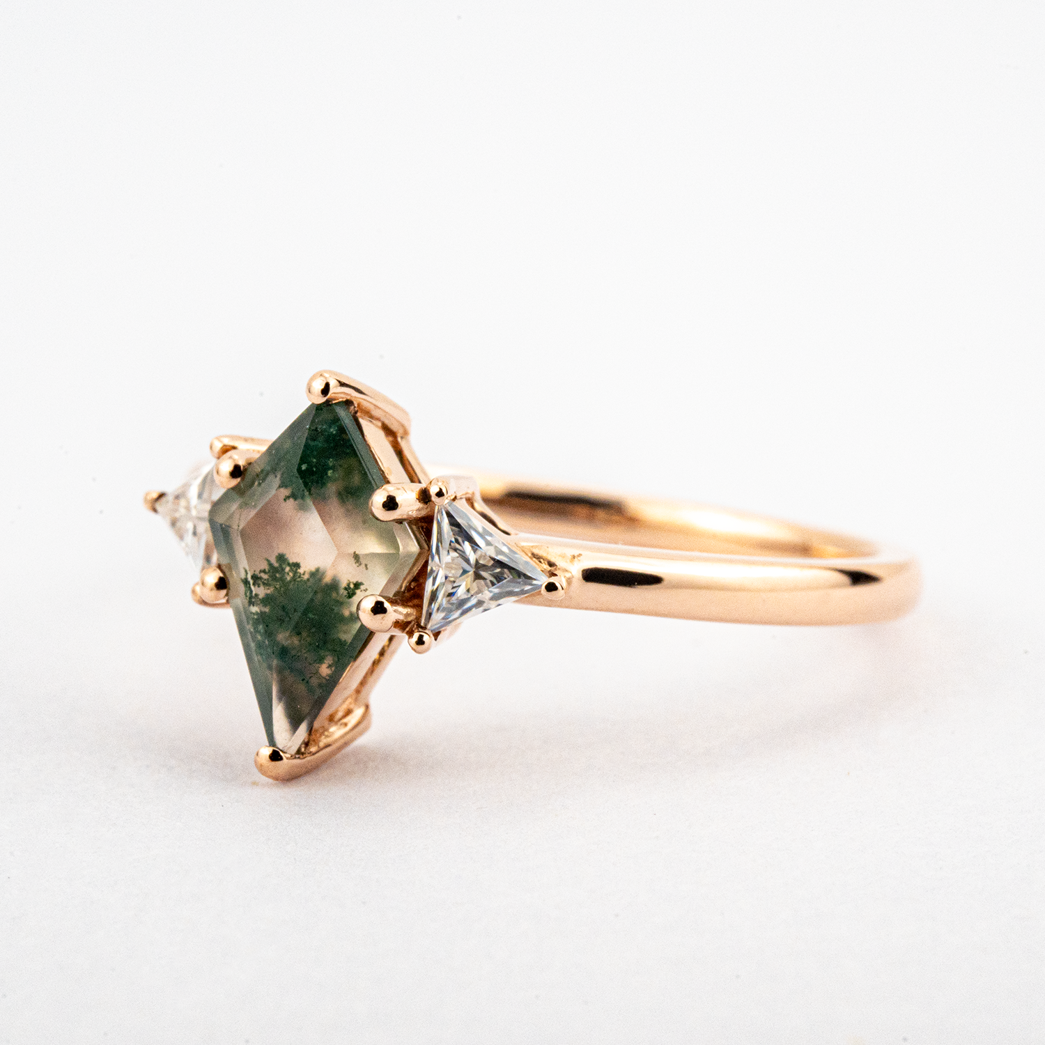 Kite Cut Moss Agate Engagement Ring Set Nature Inspired Design.