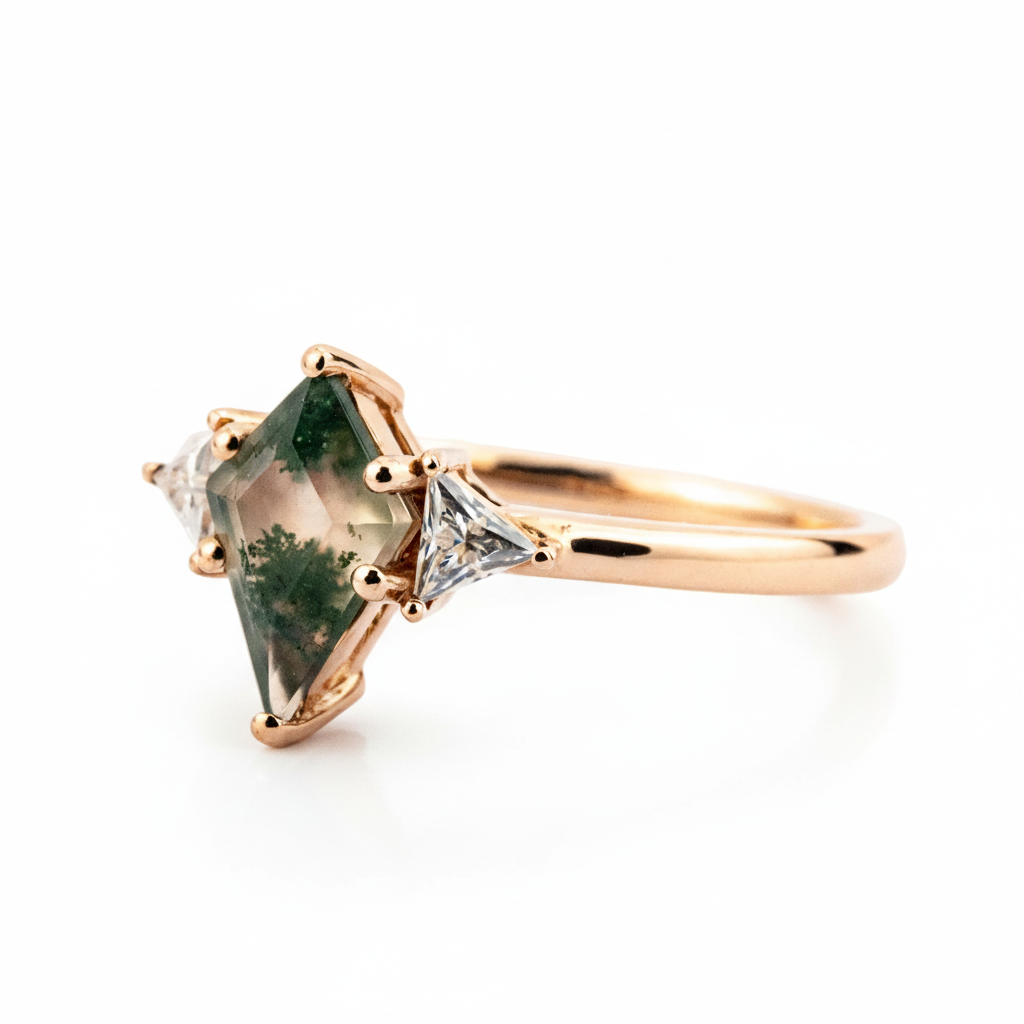 Product view of Kite Cut Moss Agate Engagement Ring in Gold