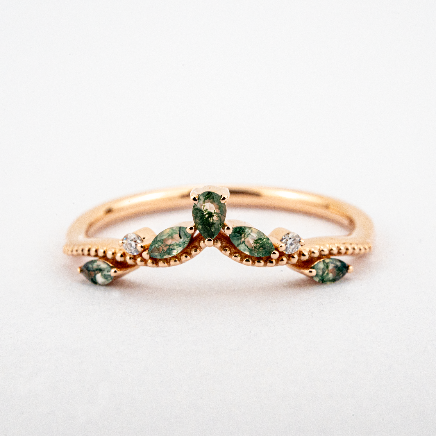 Kite Cut Moss Agate Engagement Ring Set Nature Inspired Design.