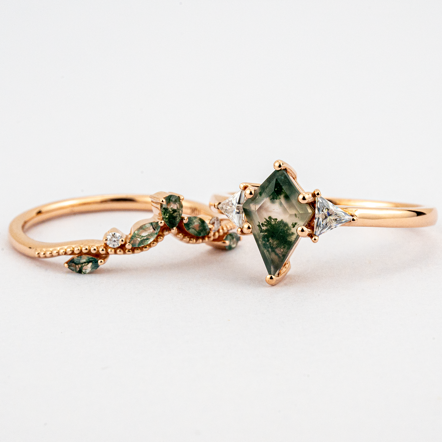 Kite Cut Moss Agate Engagement Ring Set Nature Inspired Design.