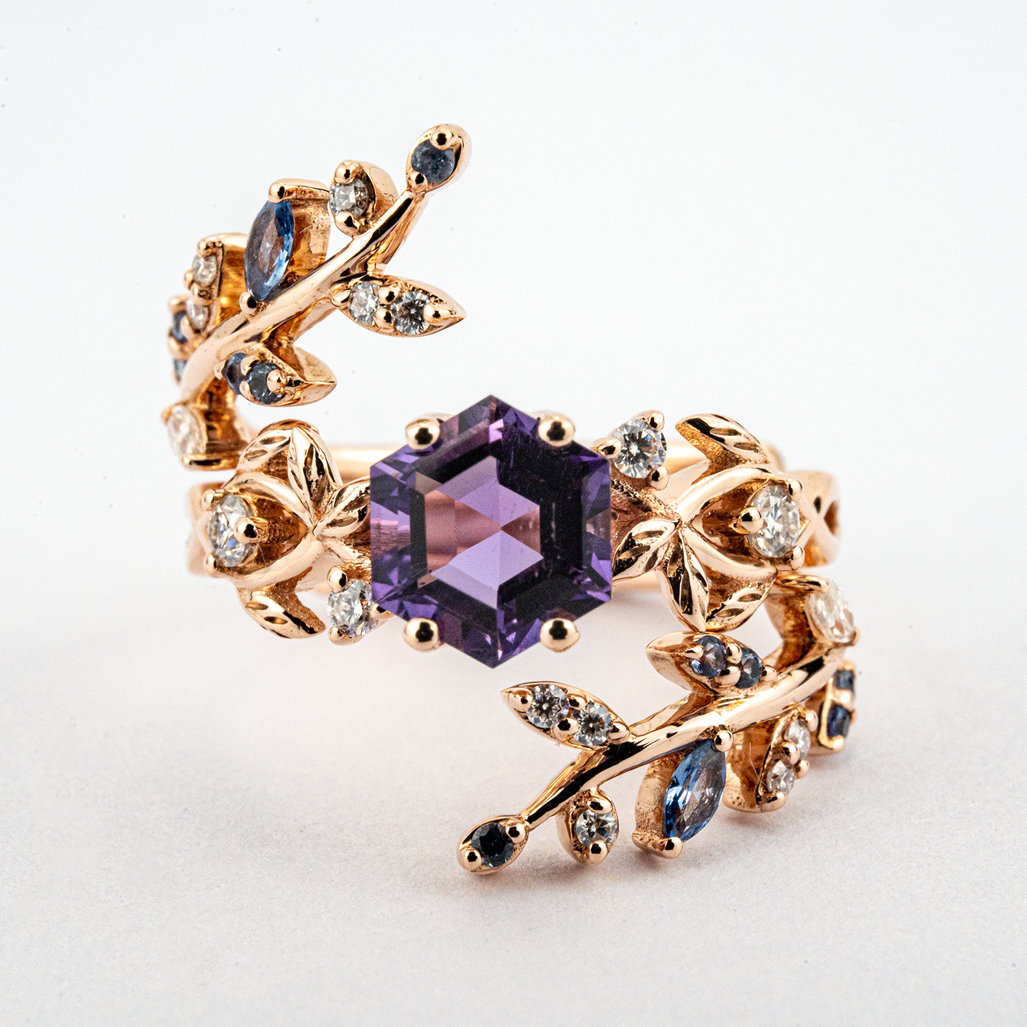 Stylish Hexagon Amethyst and Leaf Ring Set - Handcrafted craftsmanship, unique wedding set option