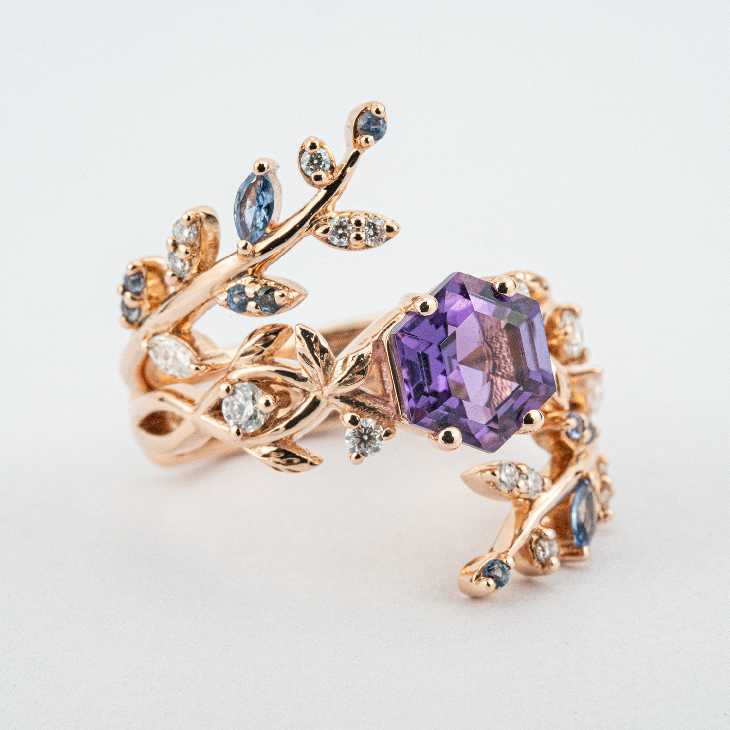 Stylish Hexagon Amethyst and Leaf Ring Set - Handcrafted craftsmanship, unique wedding set option
