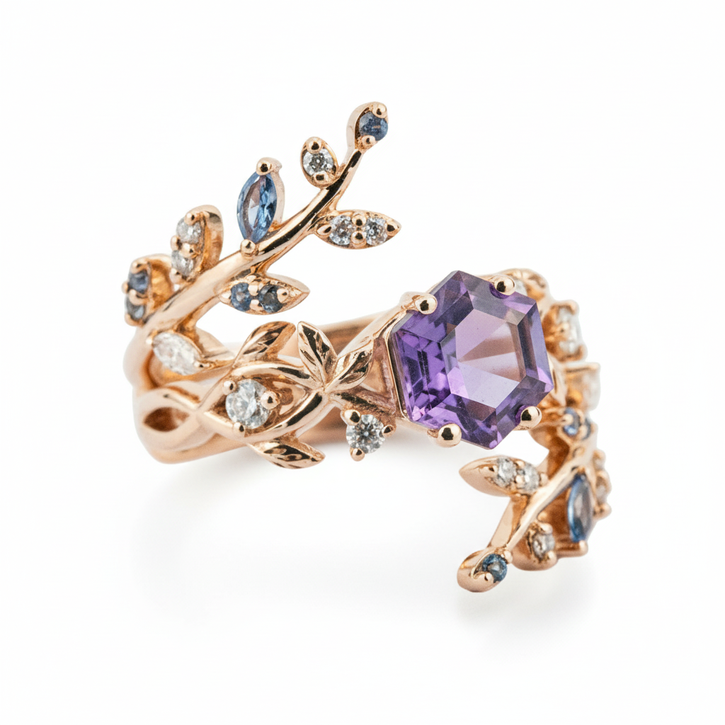 Product view of Hexagon Amethyst Ring Set in Gold