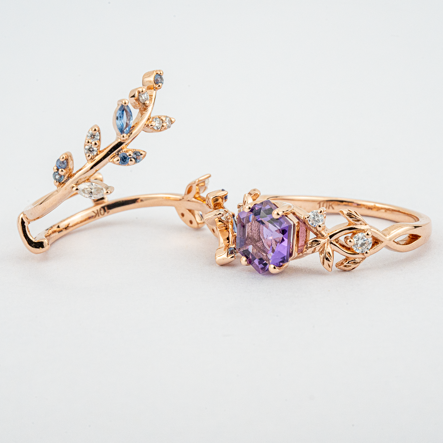 Stylish Hexagon Amethyst and Leaf Ring Set - Handcrafted craftsmanship, unique wedding set option