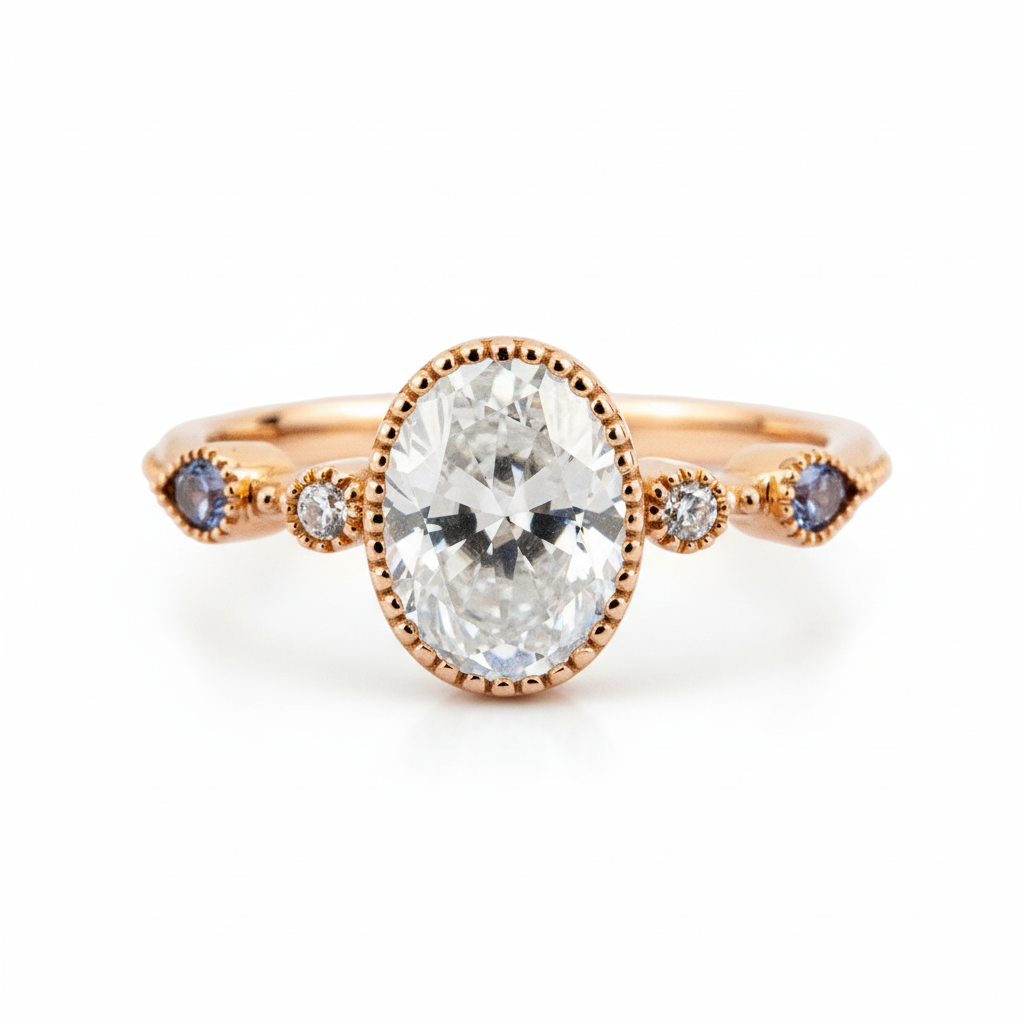 Front view of Oval Moissanite Engagement Ring in Rose Gold