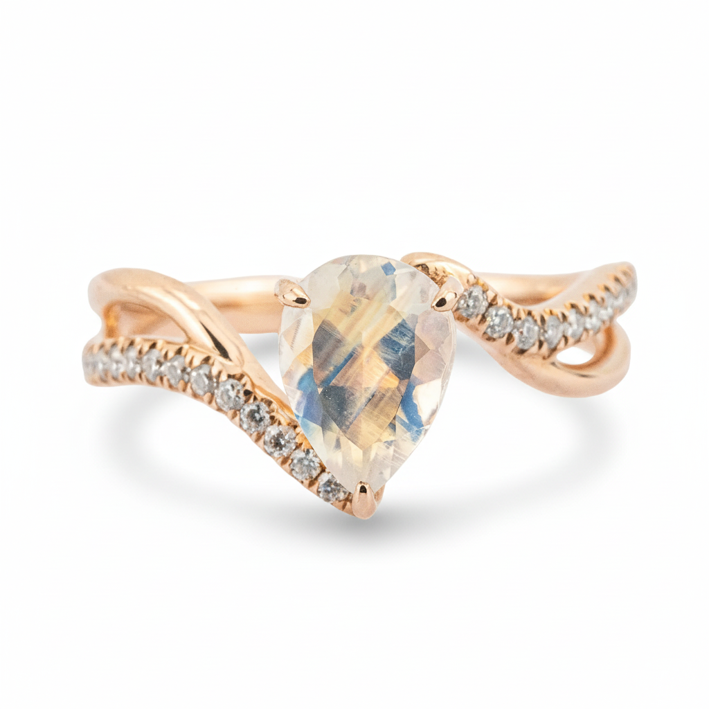 Luxurious moonstone engagement ring featuring pear cut stone