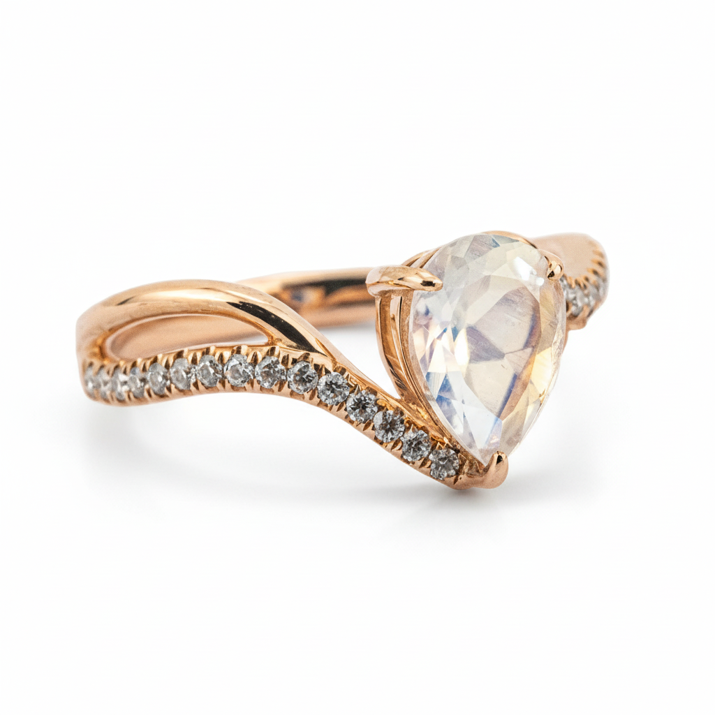 Lifestyle view of Pear Moonstone Engagement Ring in Gold