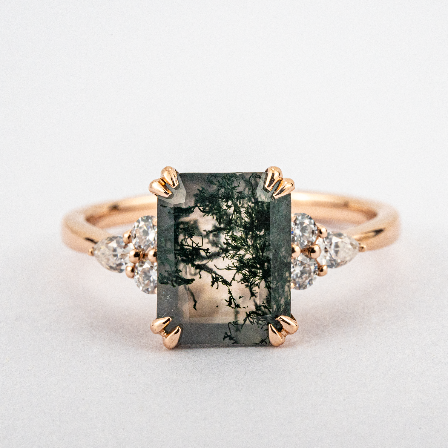 Classic Square Moss Agate Gold Engagement Ring With Moissanite.