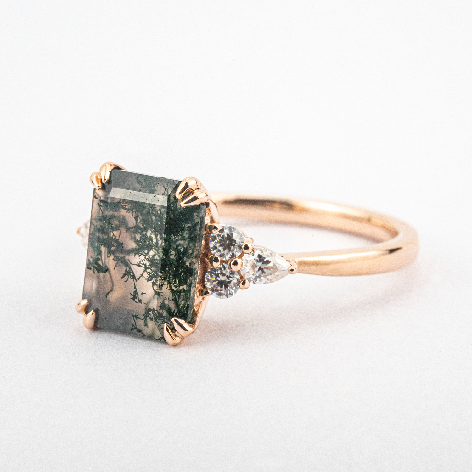Classic Square Moss Agate Gold Engagement Ring With Moissanite.