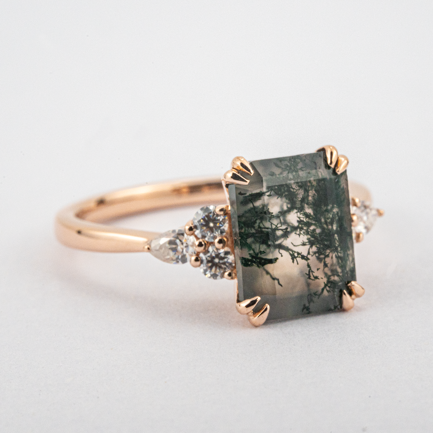 Classic Square Moss Agate Gold Engagement Ring With Moissanite.