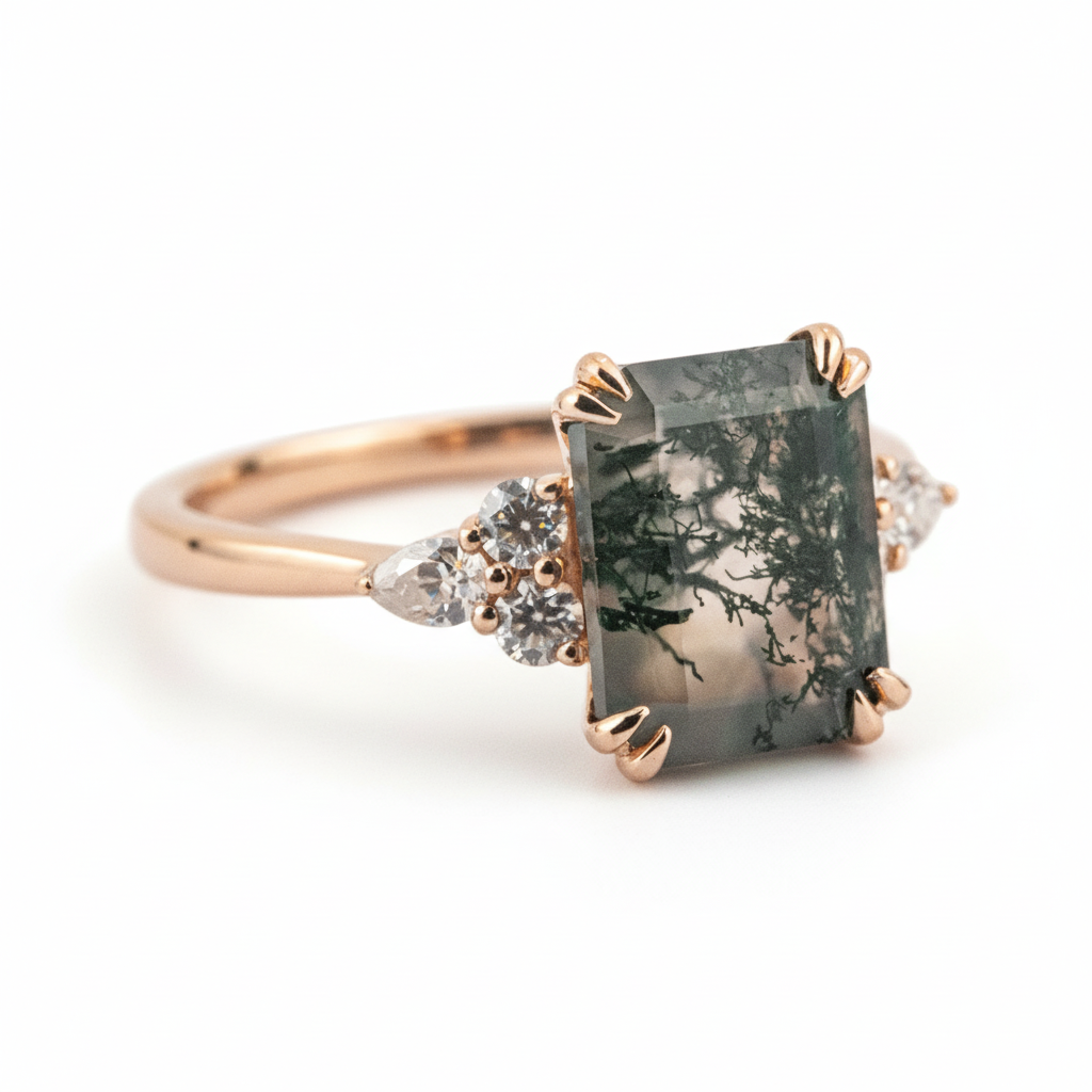 Classic Square Moss Agate Gold Engagement Ring With Moissanite.