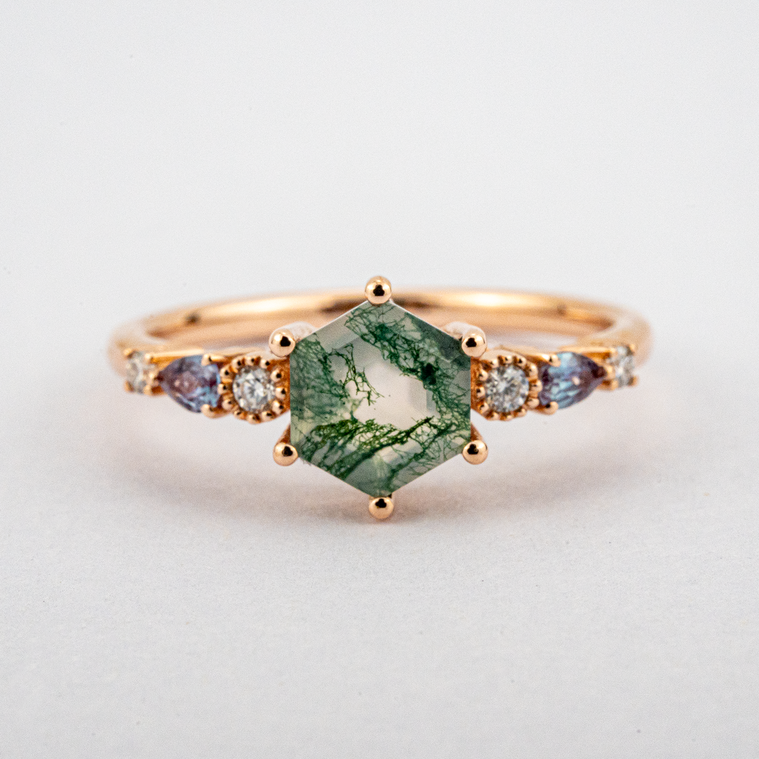 Premium Hexagon Moss Agate Engagement Ring for Her