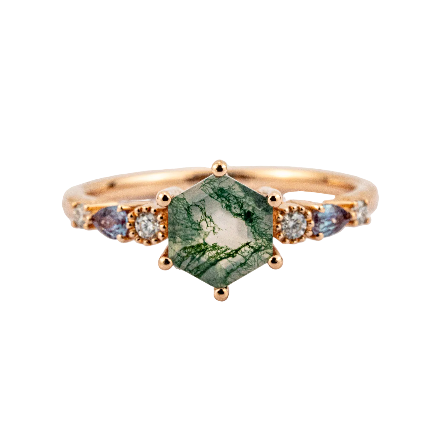 Front view of Hexagon Moss Agate Engagement Ring in Gold