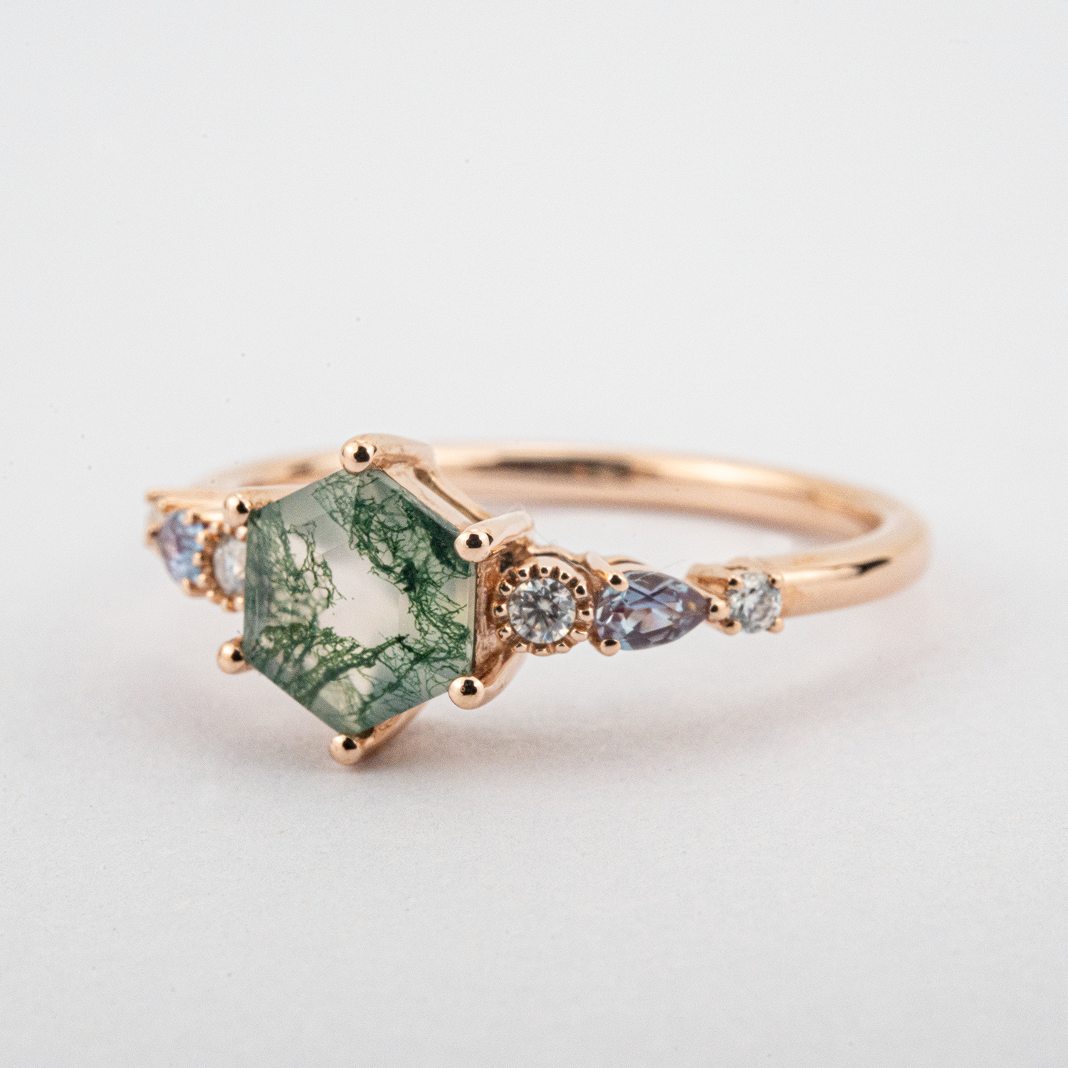 Premium Hexagon Moss Agate Engagement Ring for Her