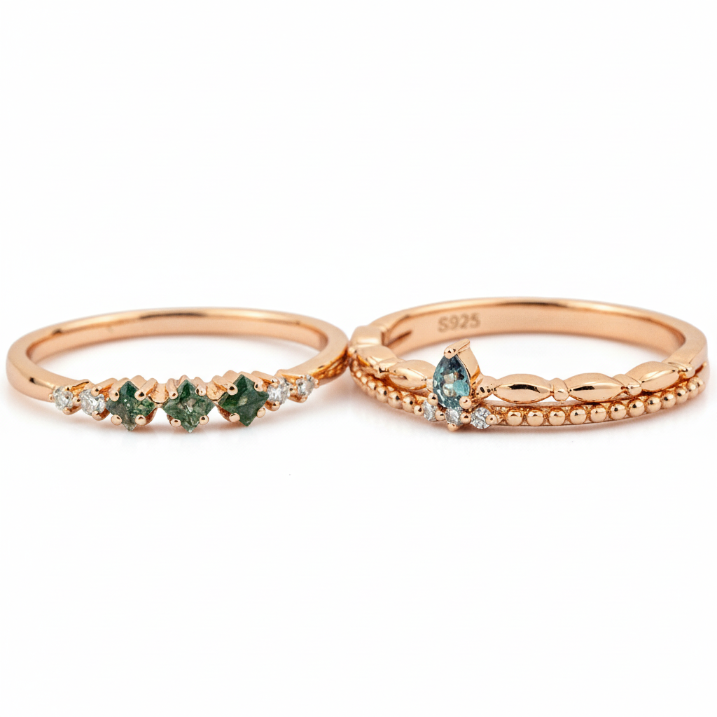 Product view of Moss Agate Couple Ring Set in Gold