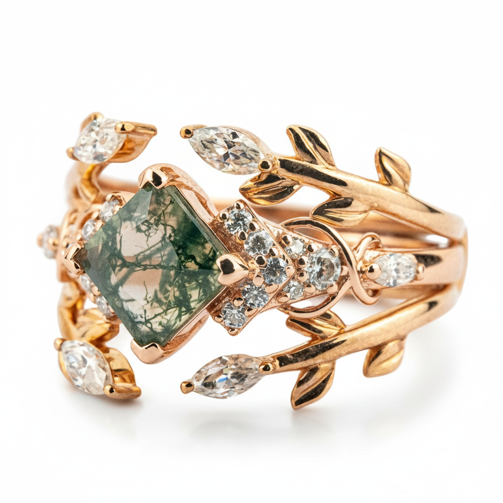 Exquisite princess moss agate ring with luxurious design