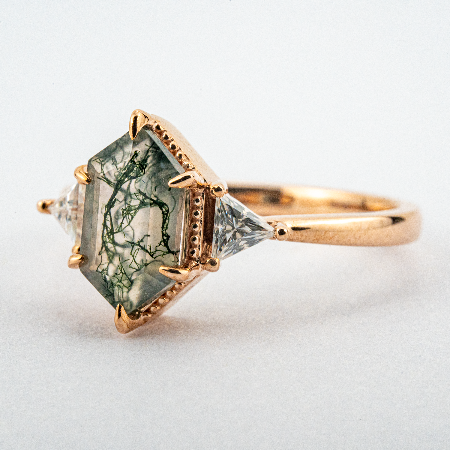 Long Hexagon Moss Agate Three Stone Ring Rose Gold Wedding Agate Engagement Ring
