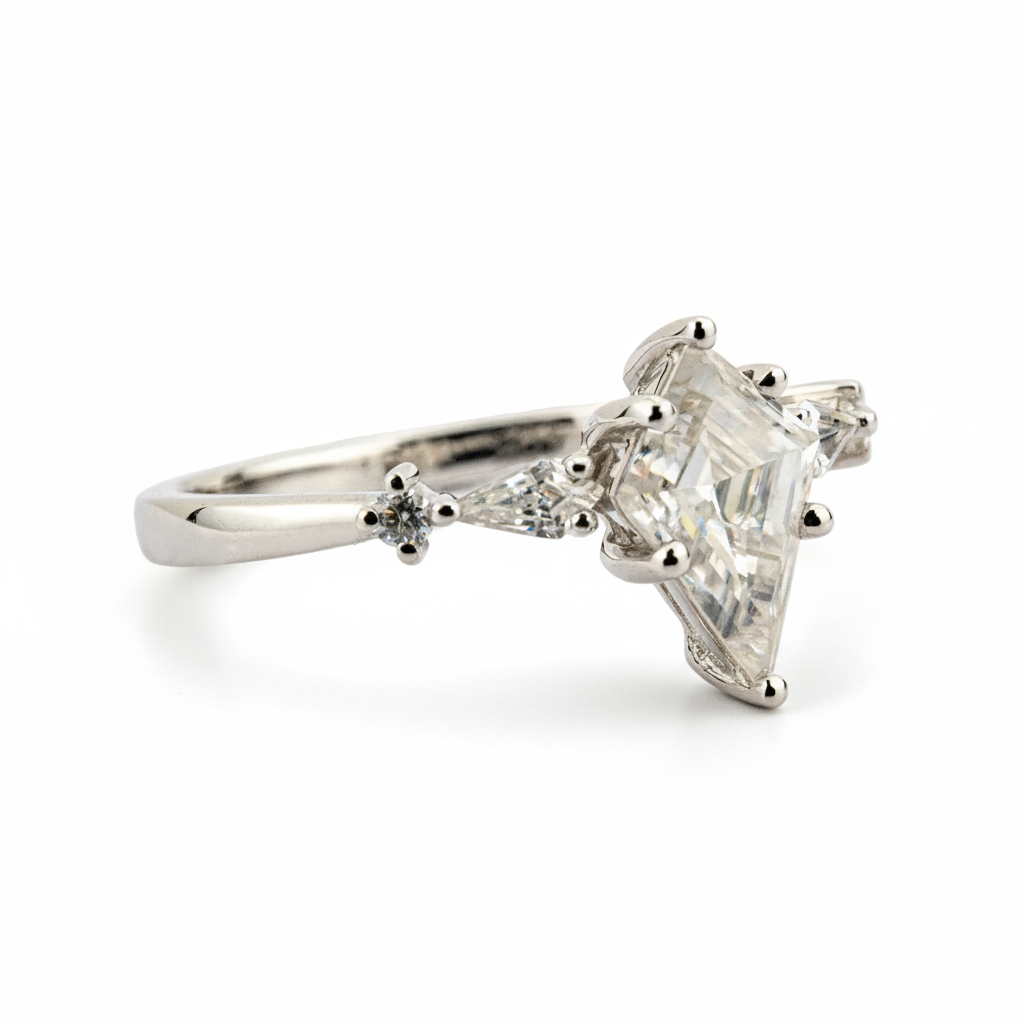 Product view of Kite Cut Moissanite Engagement Ring in White Gold