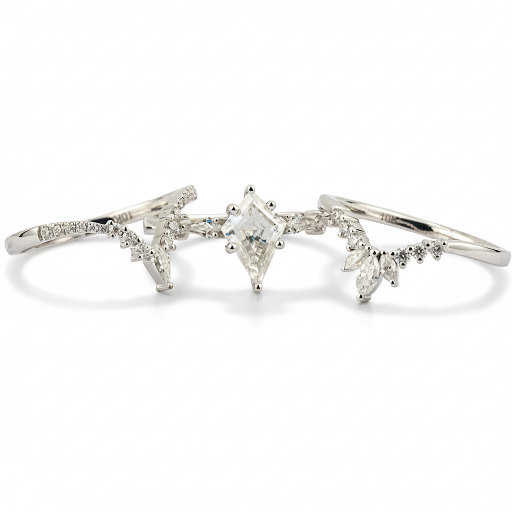 Product view of Kite Cut Moissanite Ring Set in White Gold