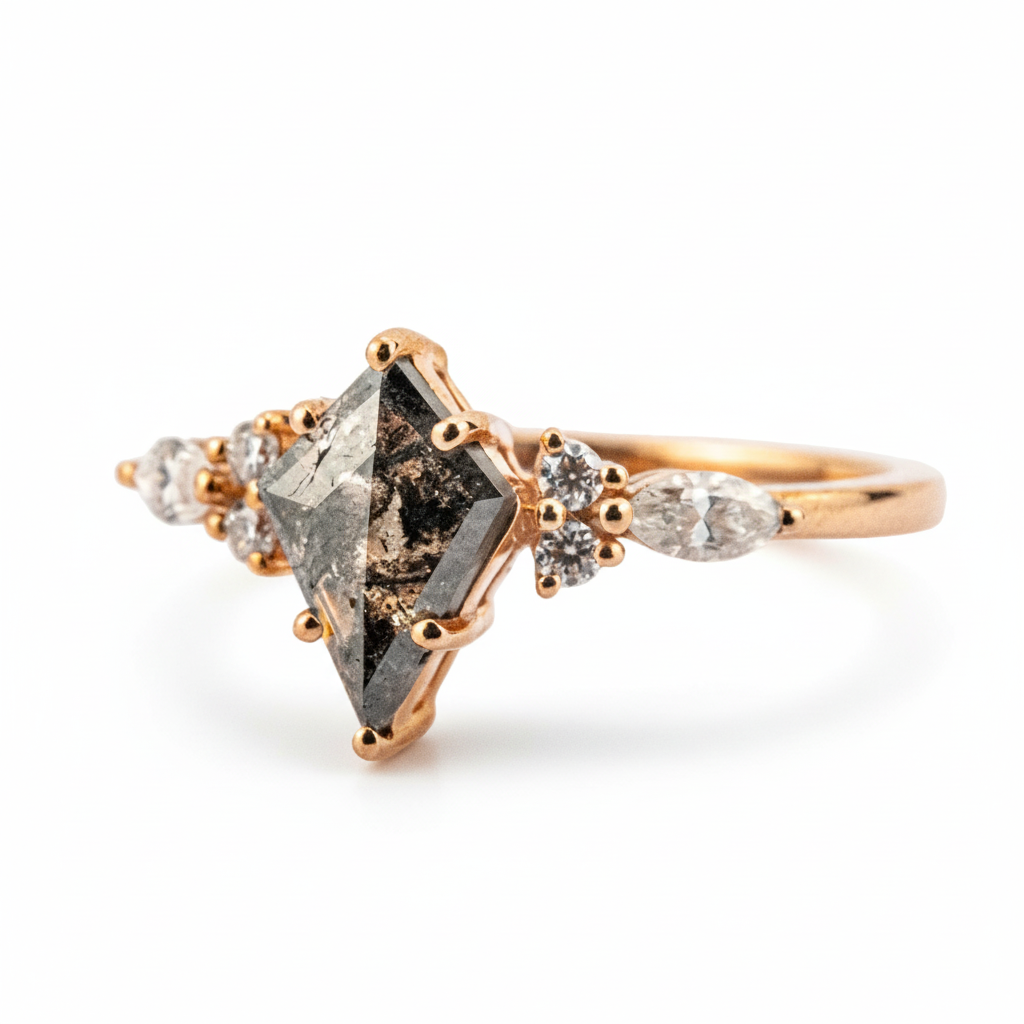 Product view of Kite Cut Salt and Pepper Diamond Engagement Ring in Gold