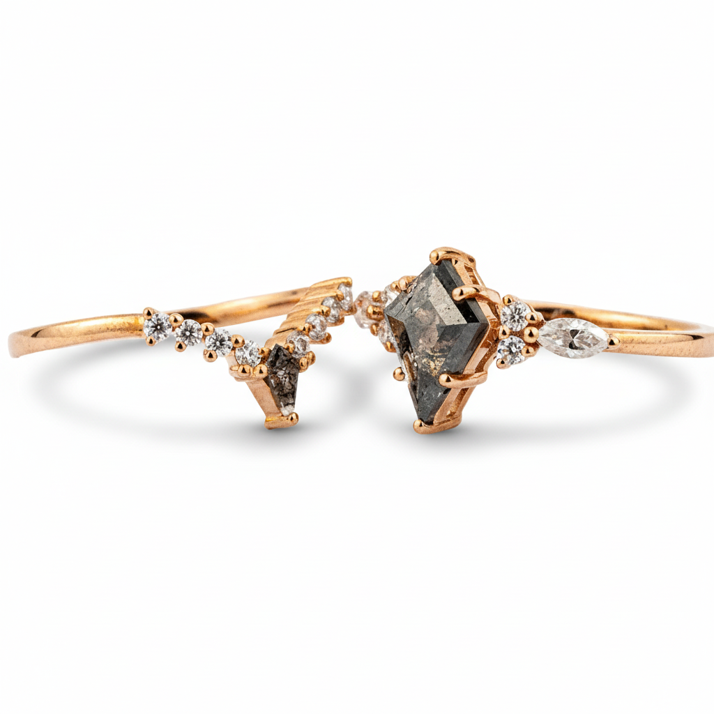 Product view of Kite Cut Salt and Pepper Diamond Ring Set in Gold