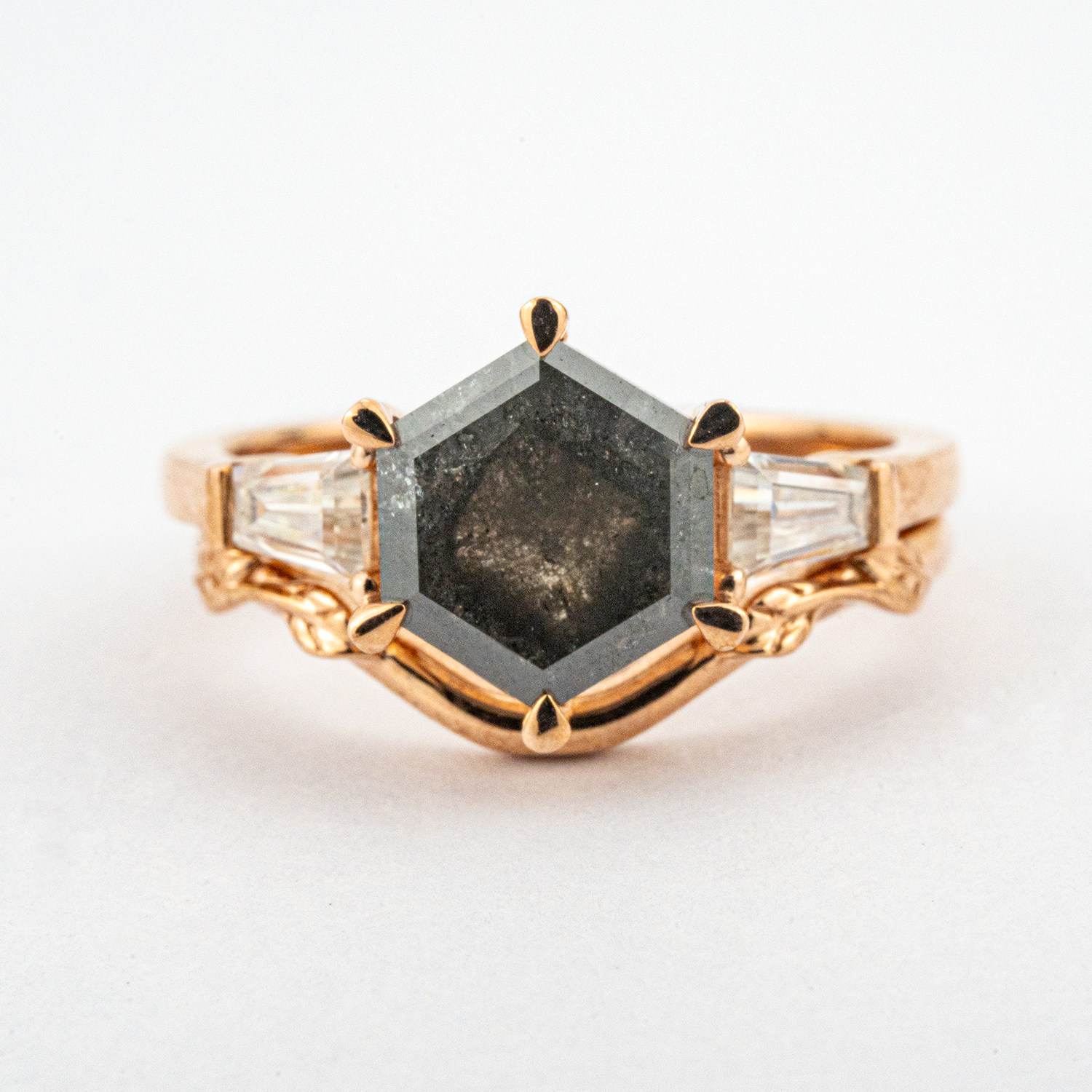 Elegant hexagonal salt and pepper ring set crafted in 18k gold - perfect for engagement