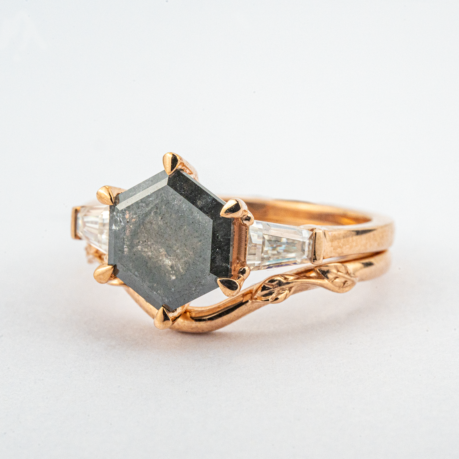 Elegant hexagonal salt and pepper ring set crafted in 18k gold - perfect for engagement