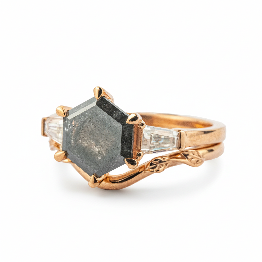 Product view of Hexagon Salt and Pepper Diamond Ring Set in Gold