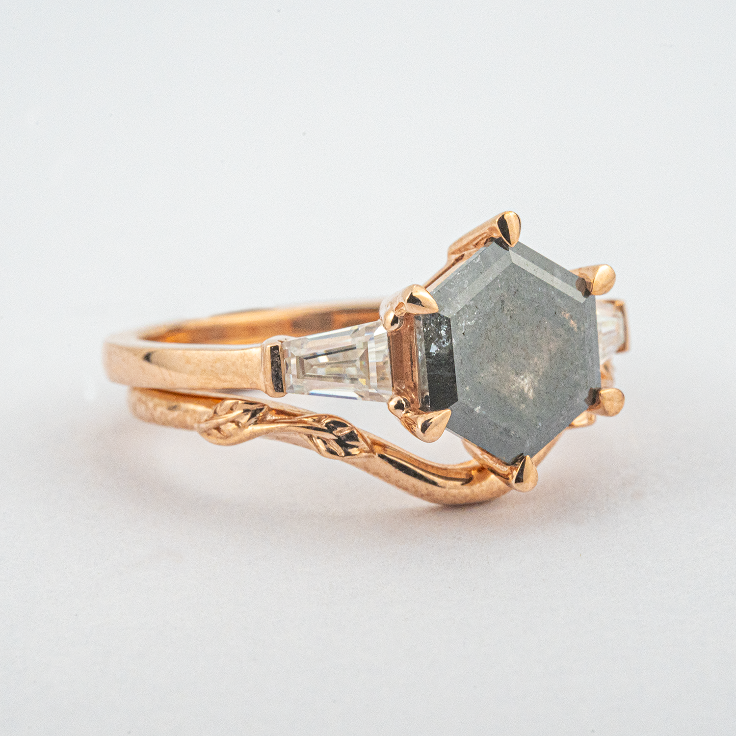 Elegant hexagonal salt and pepper ring set crafted in 18k gold - perfect for engagement